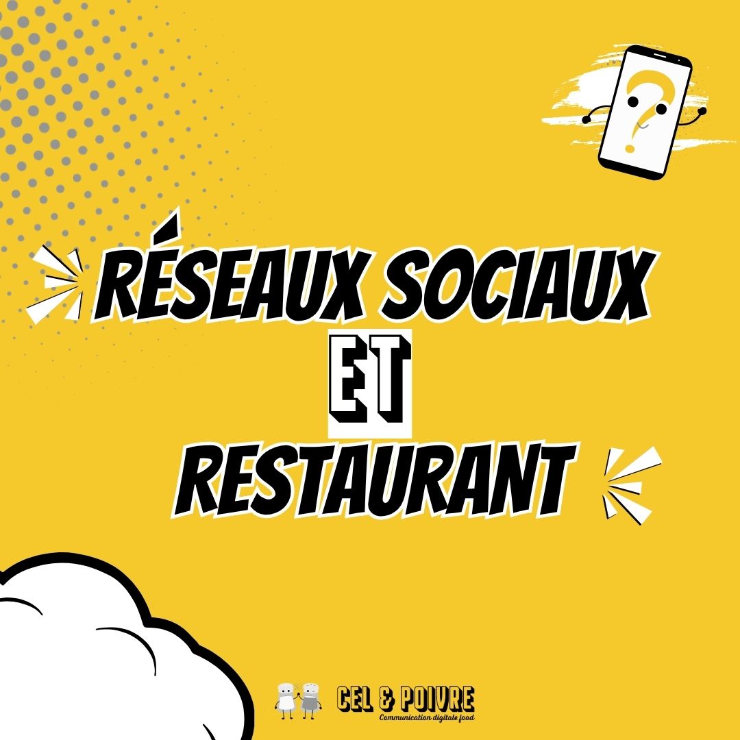 Illustration graphique réseaux sociaux et restaurant sur fond jaune — Cel & Poivre communication digitale food