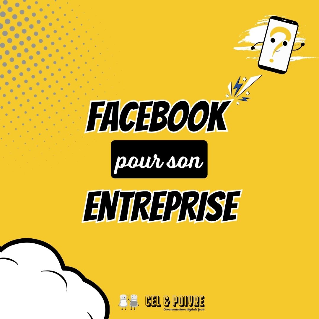 Facebook pour son entreprise : smartphone avec un point d'interrogation sur fond jaune, visuel Cel & Poivre